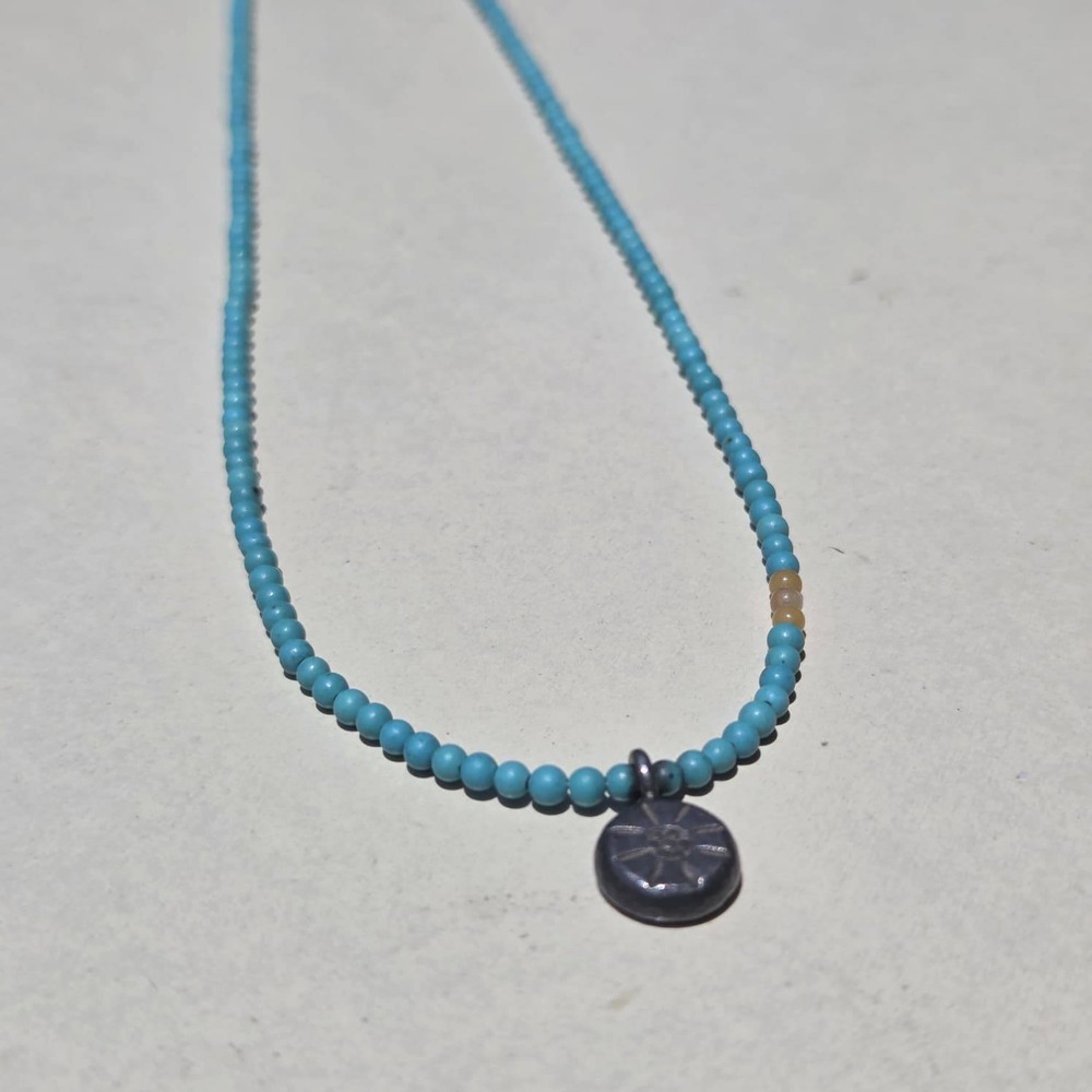 Vintage 925 Sterling Silver Turquoise Bead Necklace Blue Sun Pendant